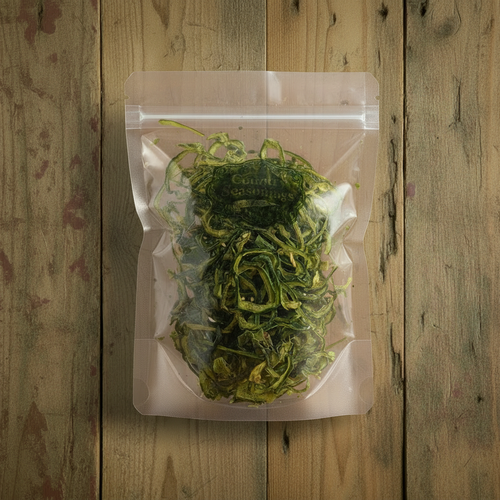 Approved jalapeño bag on the clean catalog wood background