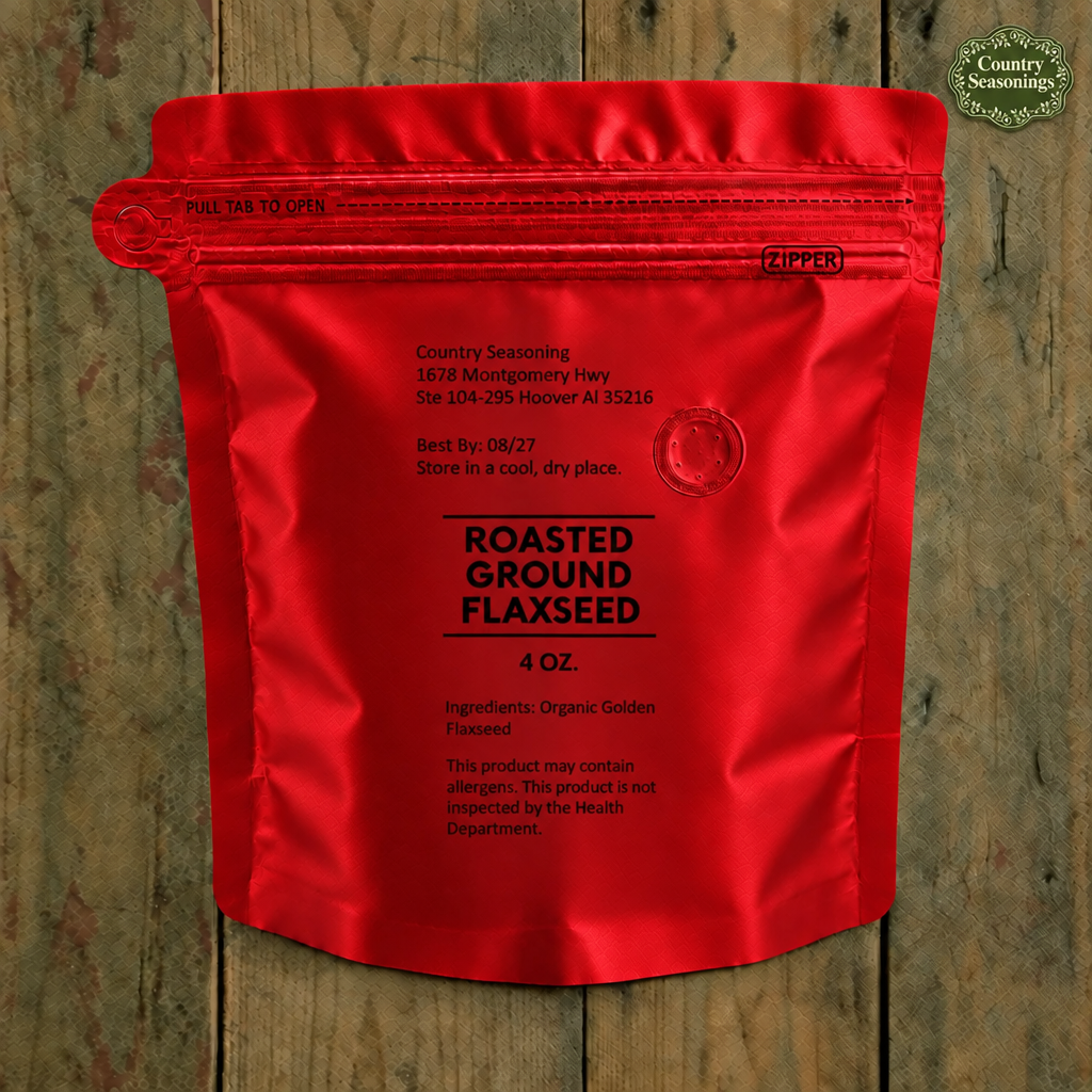 Back of flaxseed pouch with a corner Country Seasonings badge