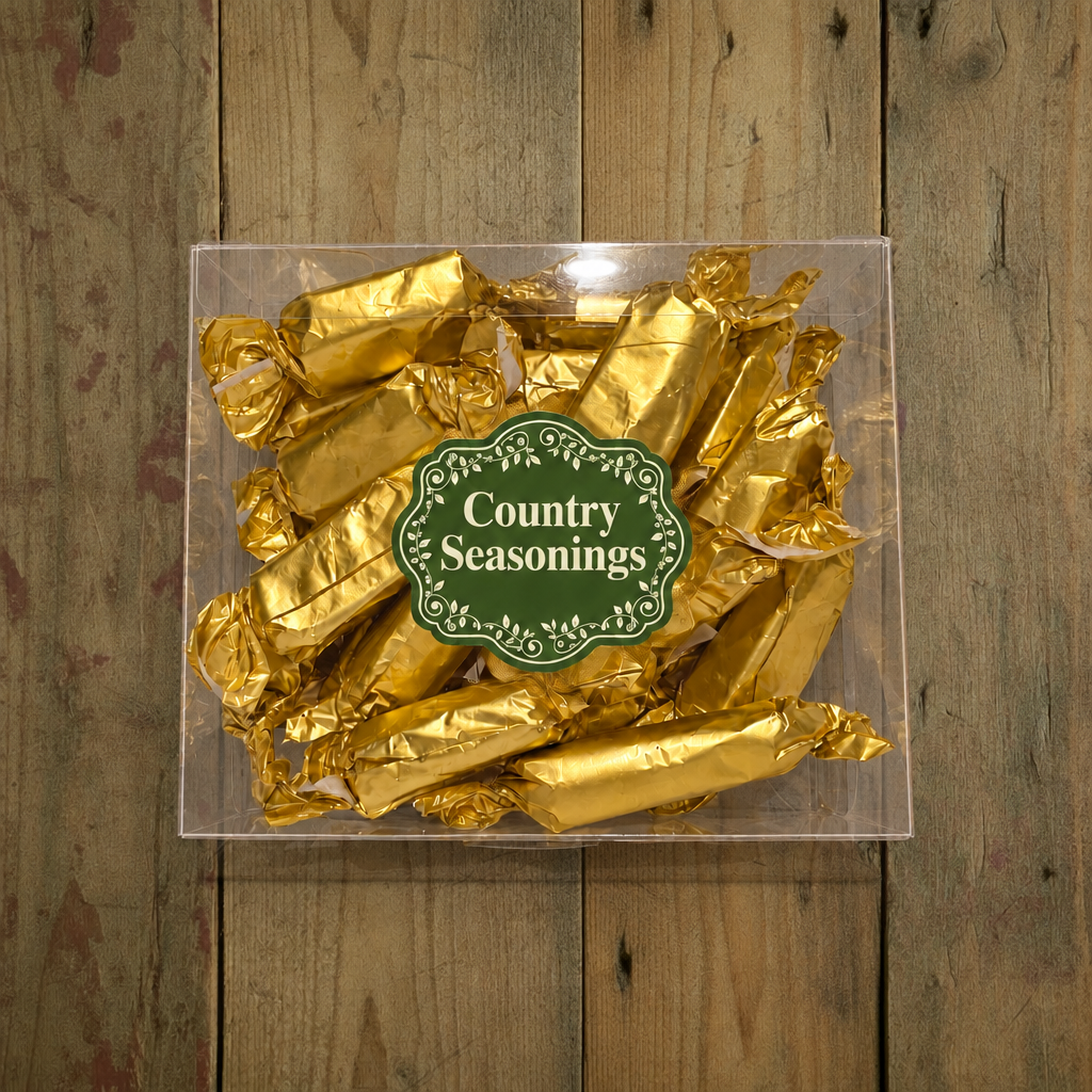 Caramel package with a small centered logo on rustic wood
