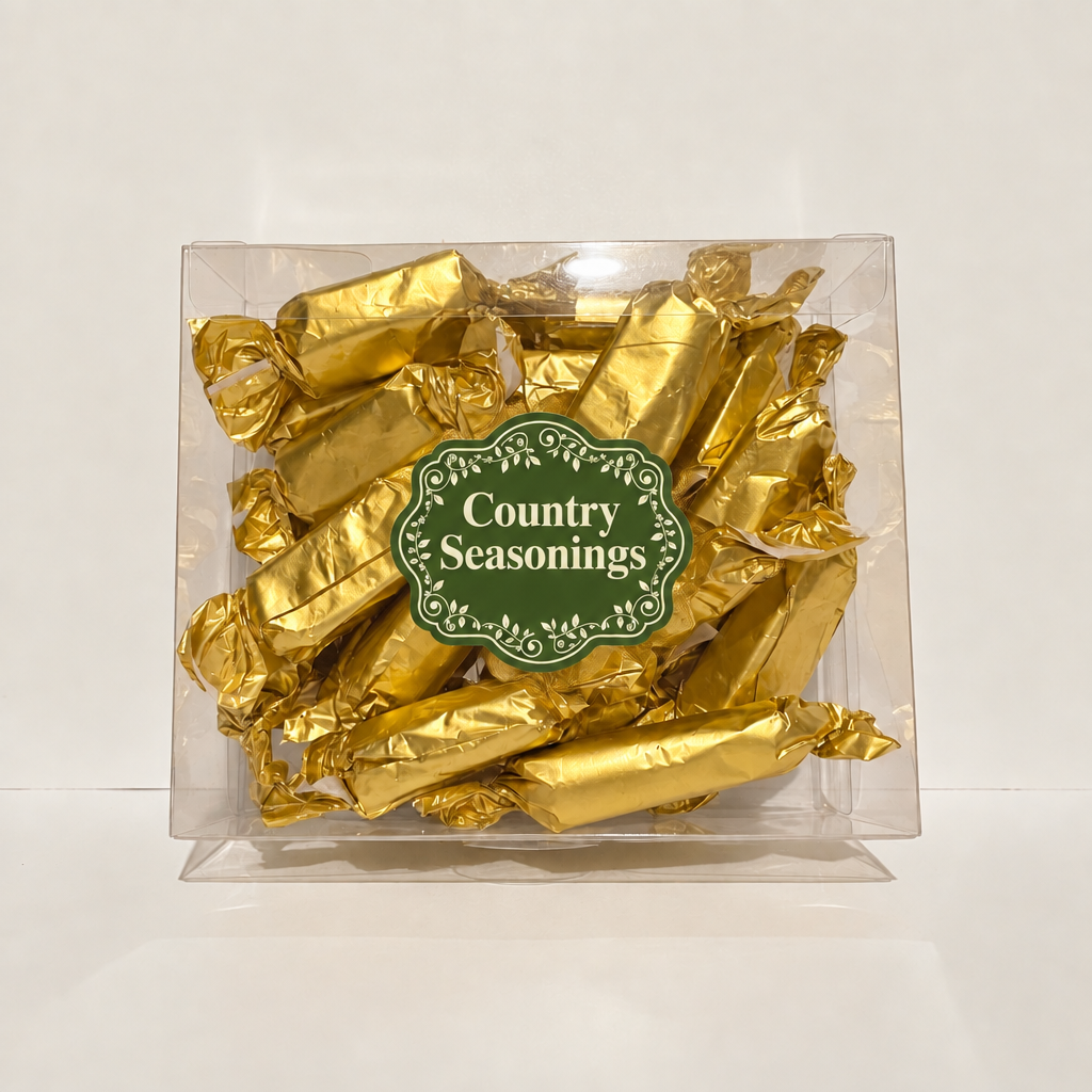 Caramel package with a smaller centered Country Seasonings label