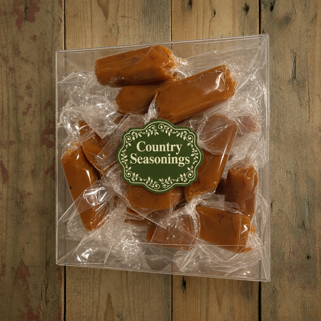Clear-wrap caramel box with a centered Country Seasonings label on wood