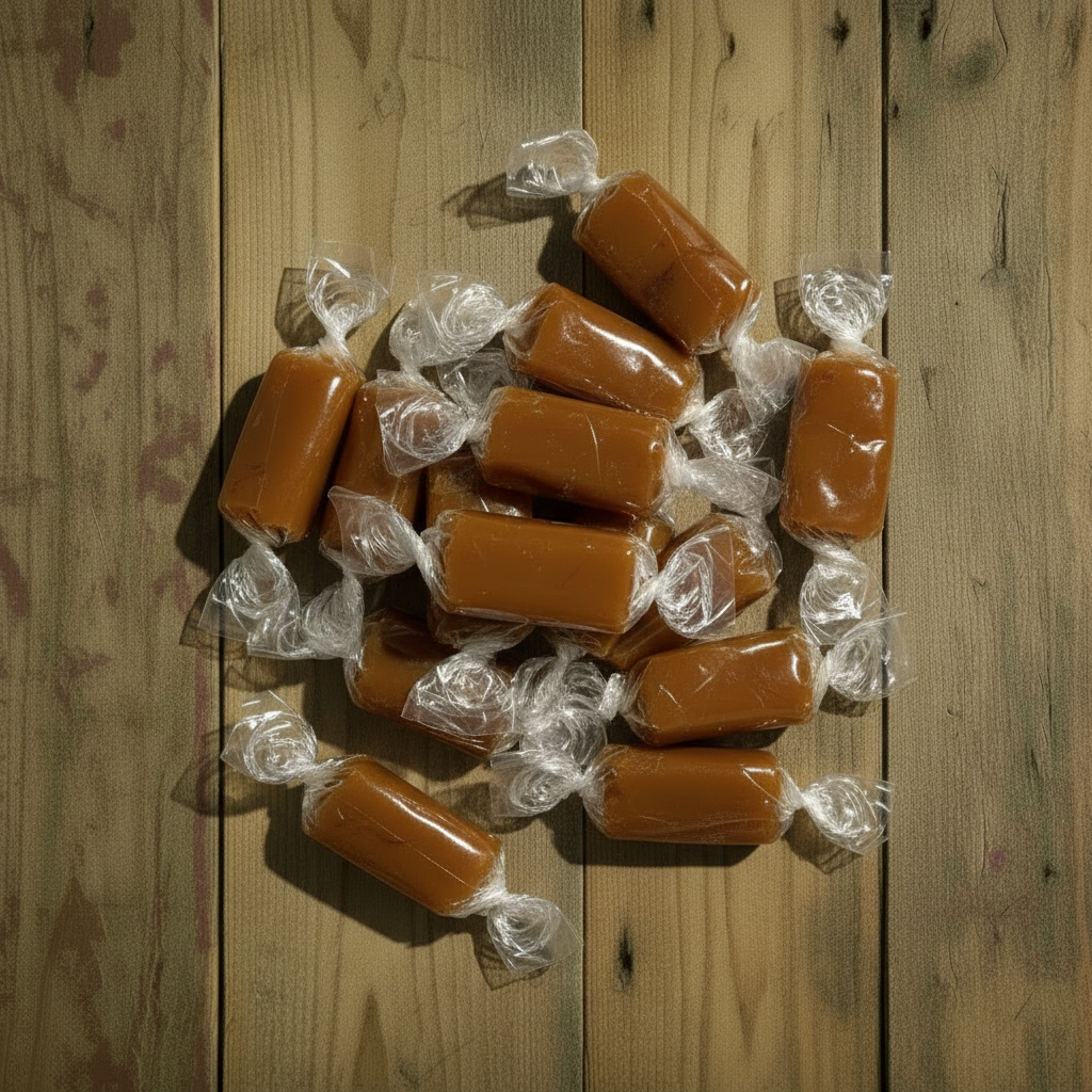 Clear-wrapped Caramels arranged loose on rustic wood