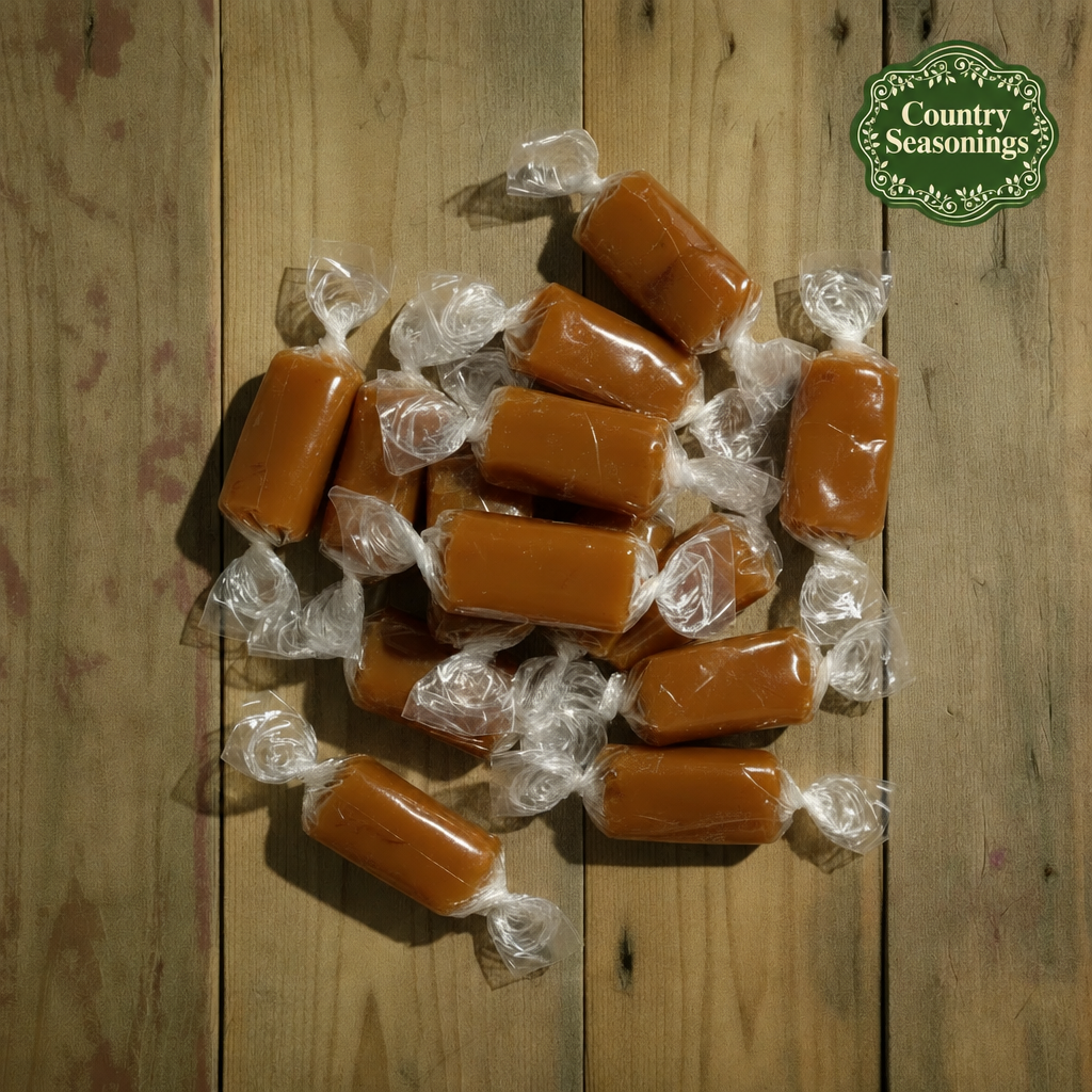 Clear-wrapped caramels with the Country Seasonings badge in the corner