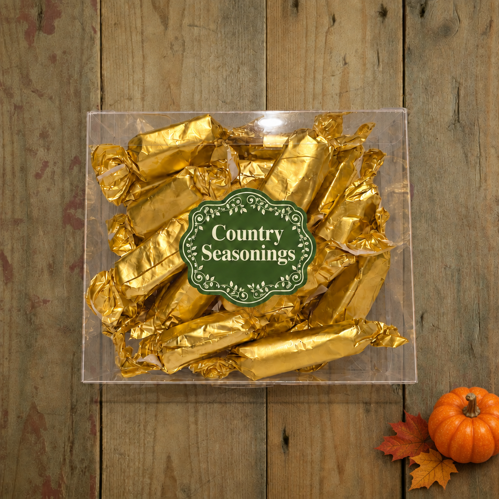 Gold-wrap caramel package with subtle pumpkin and autumn-leaf accents