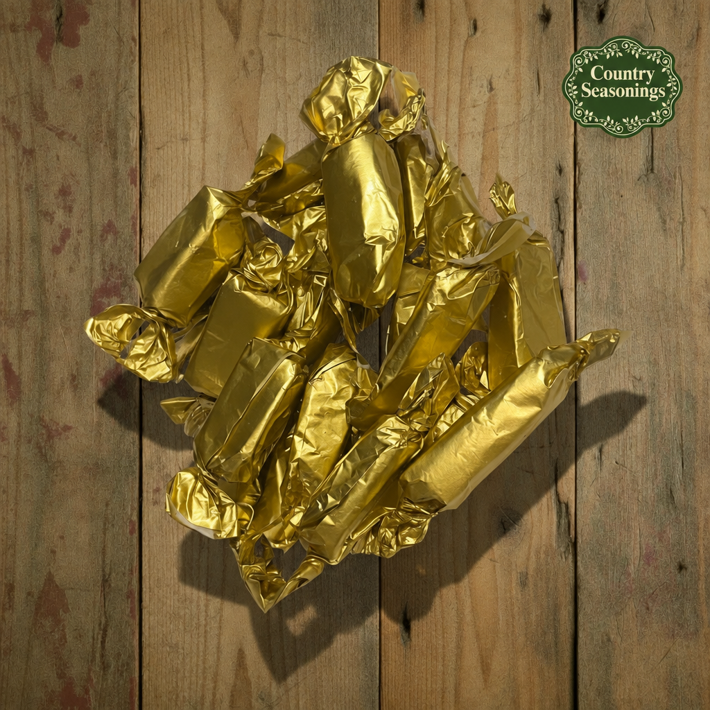 Gold-wrapped caramels with the green Country Seasonings badge