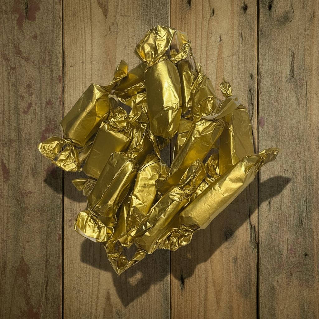 Golden foil-wrapped Caramels on wood, three-quarter view