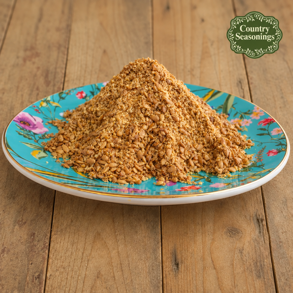 Ground flaxseed on a floral plate with a corner Country Seasonings label