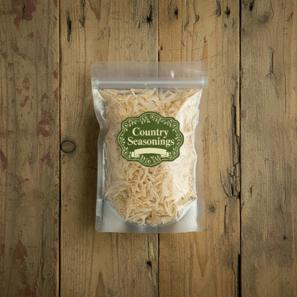 Dehydrated yellow onions in a clear resealable bag with Country Seasonings label on rustic wood background