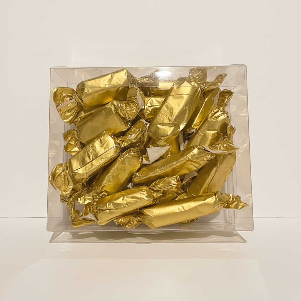 Retouched front view of golden foil-wrapped Caramels
